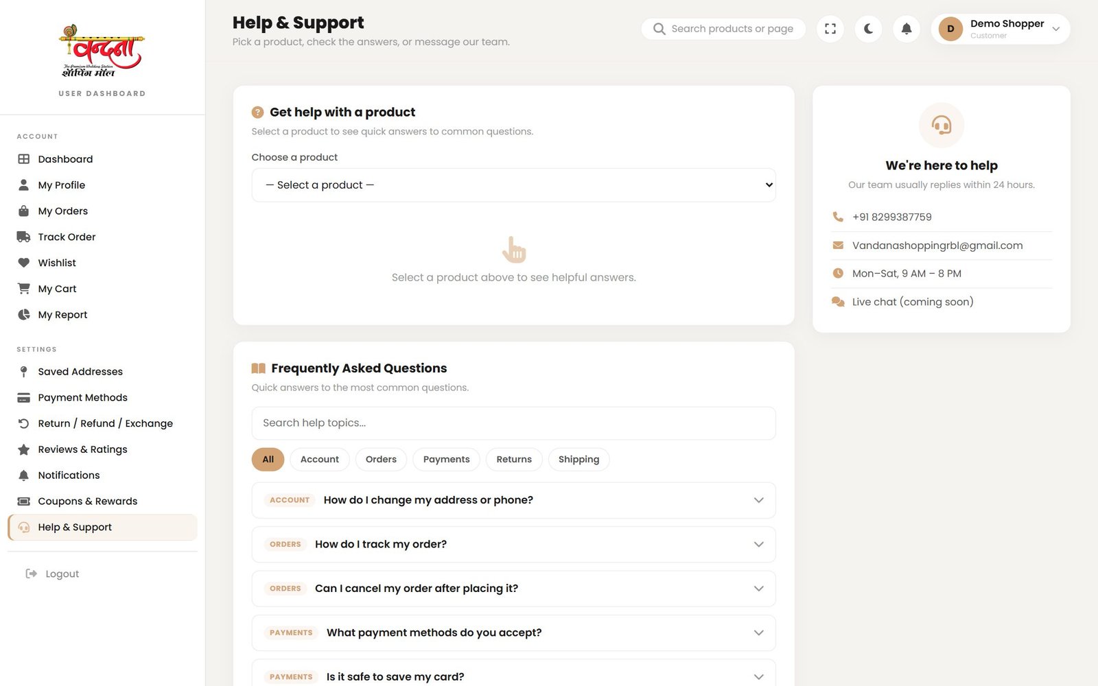 Help & Support — a product picker at the top, then FAQs grouped by category.