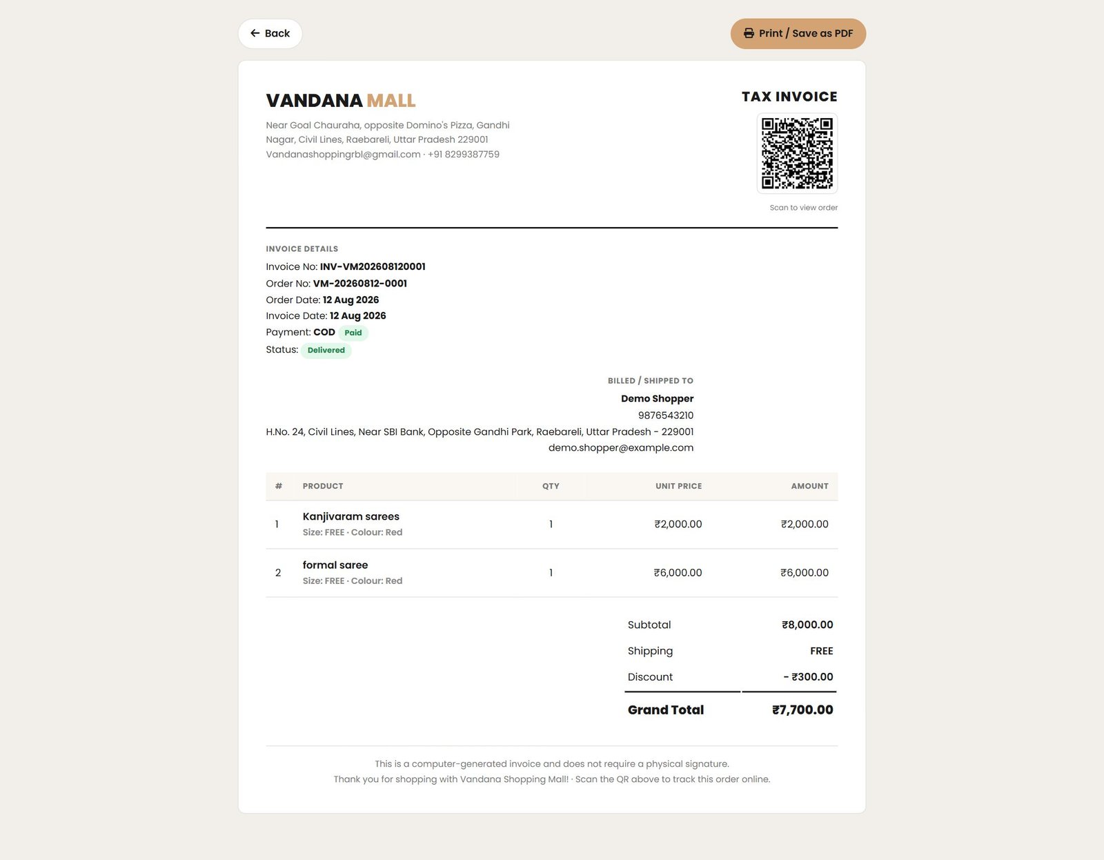 The invoice — order number, items, discount, total and delivery address. Print it or save it as a PDF.